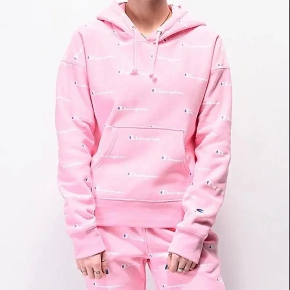 S • Champion • Reverse Weave Pink Relaxed Fit Allover Logo Hoodie Sweatshirt - Picture 2 of 4